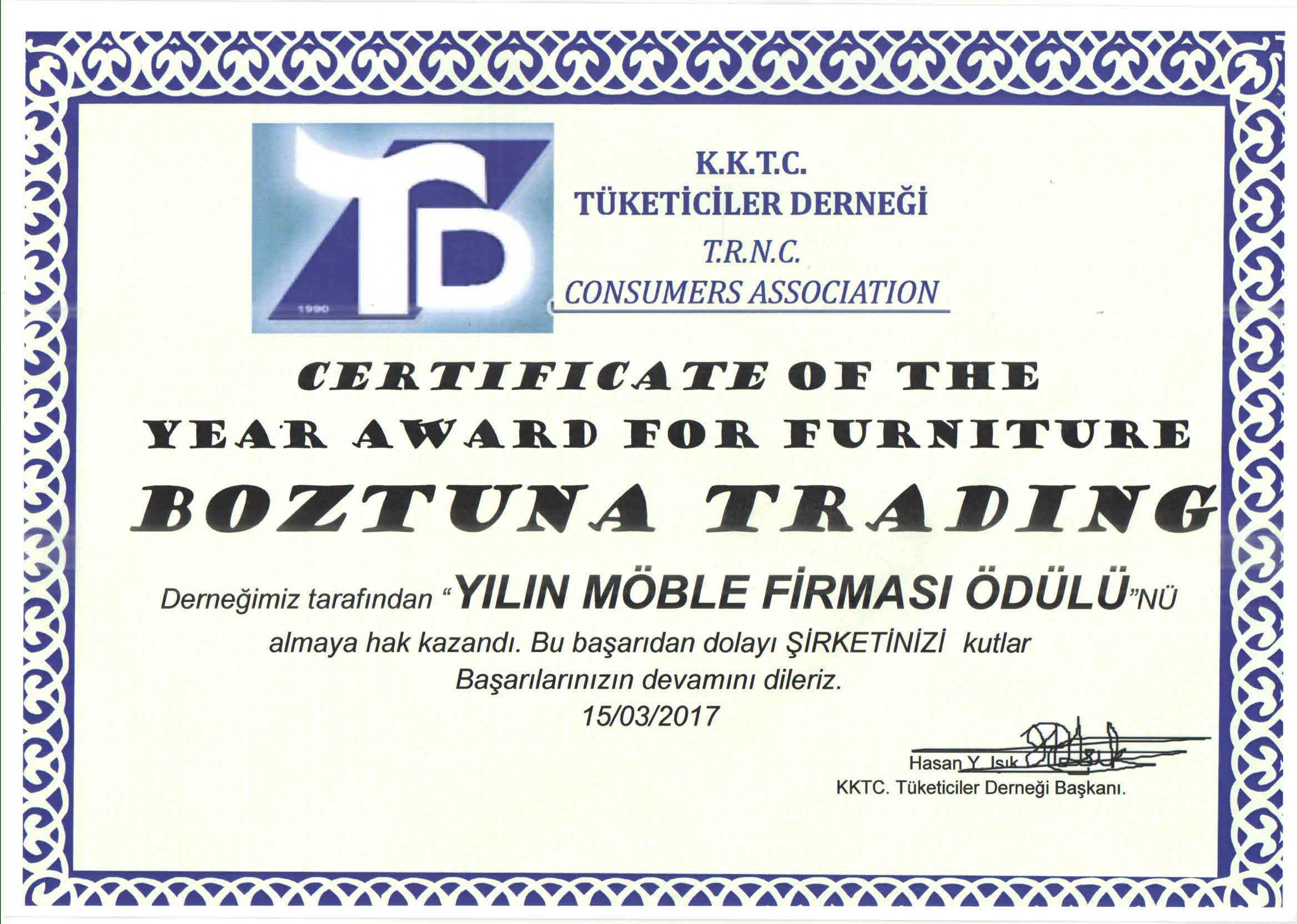 Kuzey Kıbrıs Türk Cumhuriyeti Tüketiciler Derneğinden Yılın Möble Firması Ödülü